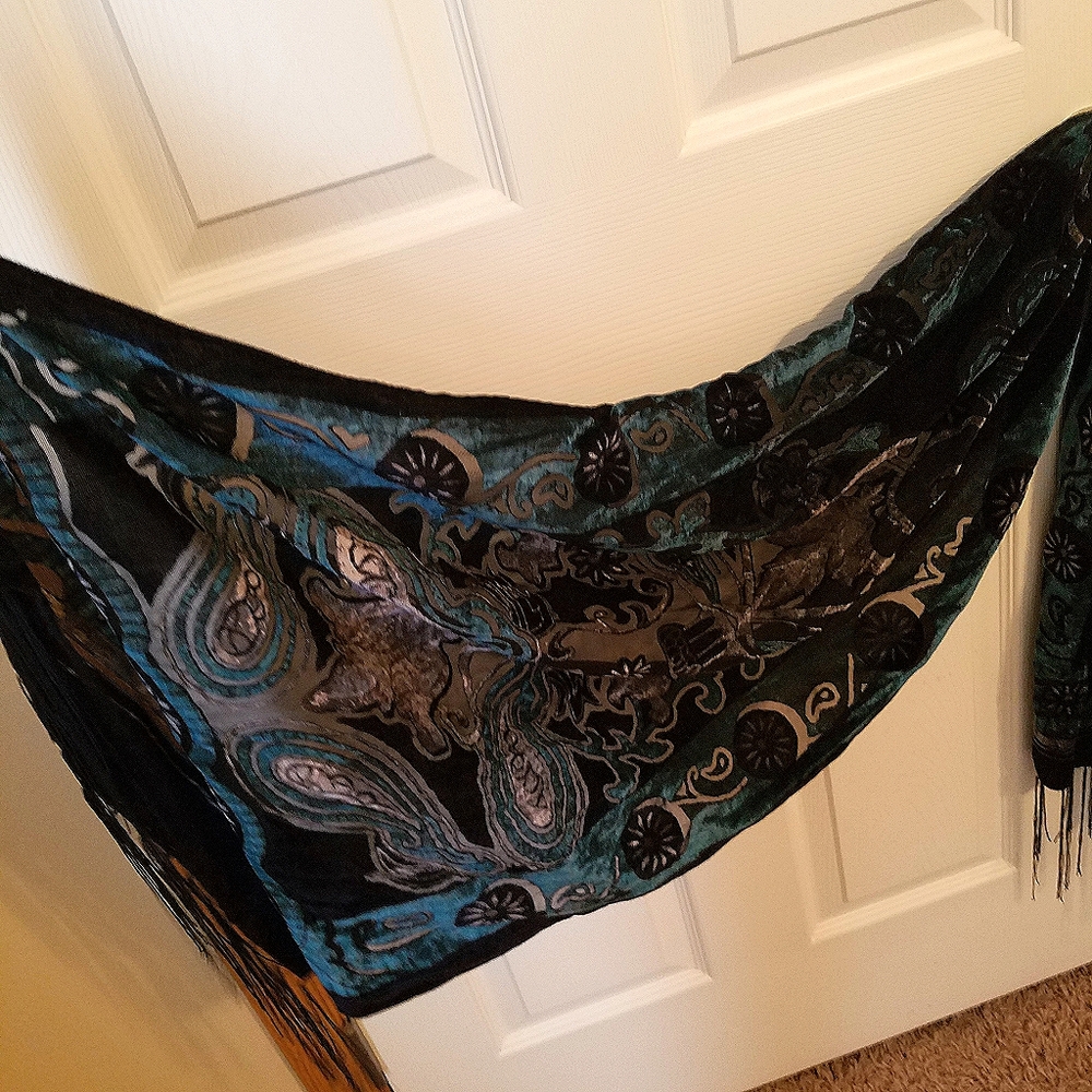 Blue Velvet Scarf with fringe